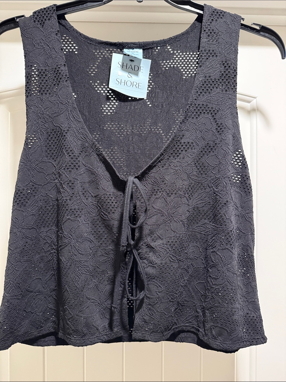 Shade & Shore Black Lace Knit Tie-Front Tank Top Swimsuit Cover Up